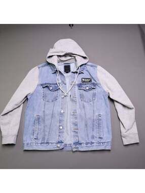 New Look Mens Hooded Denim Jacket  L Light Wash Soho NRV Patch Sweatshirt Sleeve